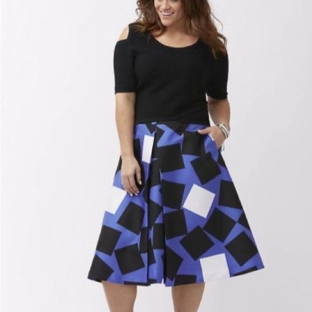 Lane Bryant Geometric A-Line Skirt Blue Black White Pleated Full Skirt Size 28